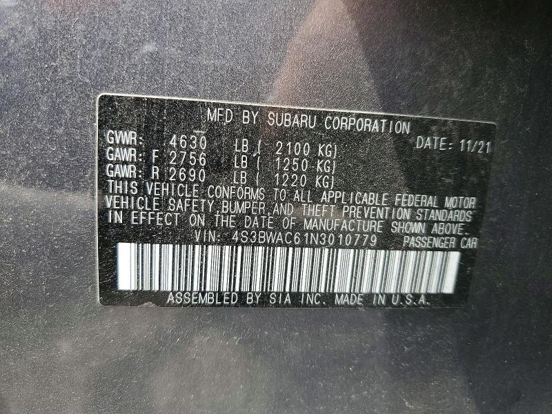 52381796 :رقم المزاد ، 4S3BWAC61N3010779 vin ، 2022 Subaru Legacy مزاد بيع