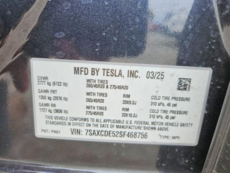 Продаж на аукціоні авто 2025 Tesla Model X, vin: 7SAXCDE52SF468756, номер лоту: 53839146