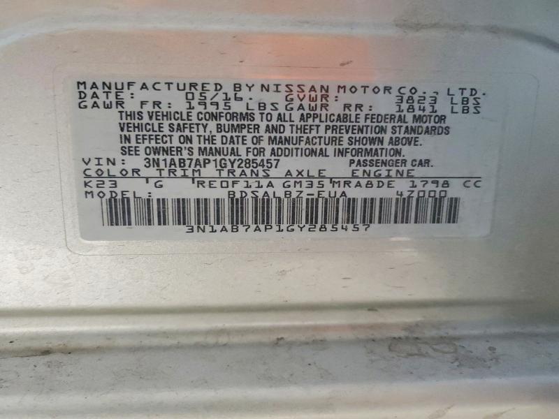 2016 Nissan Sentra მანქანა იყიდება აუქციონზე, vin: 3N1AB7AP1GY285457, აუქციონის ნომერი: 55448756