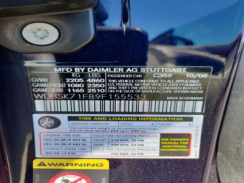 Aukcja sprzedaży 2009 Mercedes-benz Sl, vin: WDBSK71F89F155533, numer aukcji: 52267296