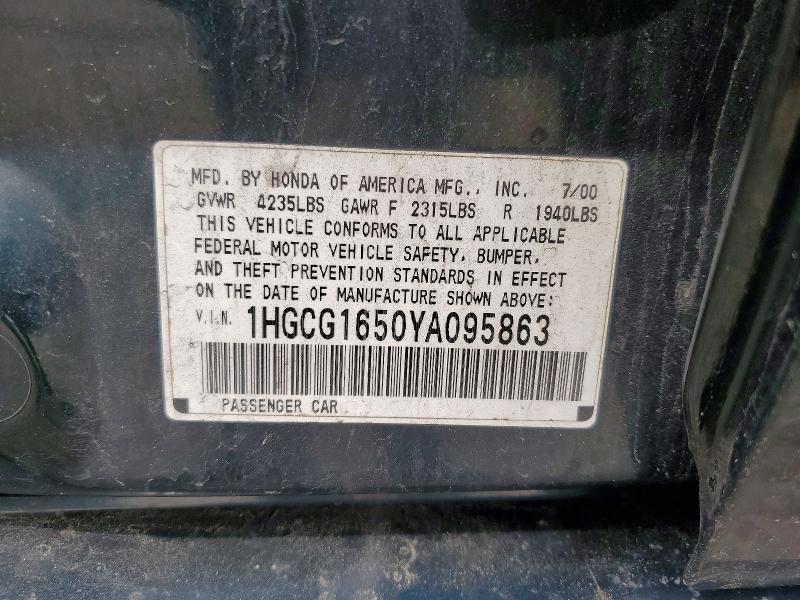 53210966 :رقم المزاد ، 1HGCG1650YA095863 vin ، 2000 Honda Accord مزاد بيع