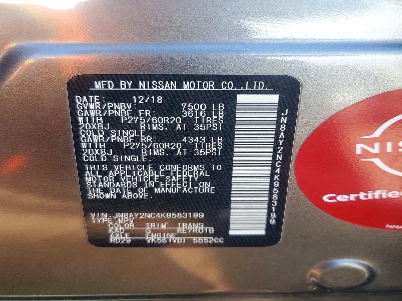 Aukcja sprzedaży 2019 Nissan Armada, vin: JN8AY2NC4K9583199, numer aukcji: 52340806