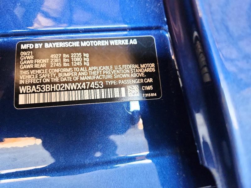 52101786 :رقم المزاد ، WBA53BH02NWX47453 vin ، 2022 Bmw 530 مزاد بيع