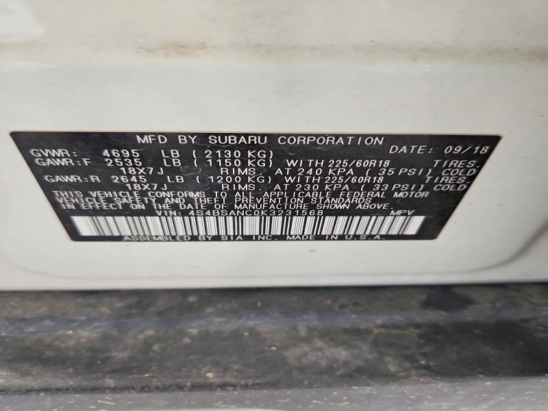 Aukcja sprzedaży 2019 Subaru Outback, vin: 4S4BSANC0K3231568, numer aukcji: 51872946