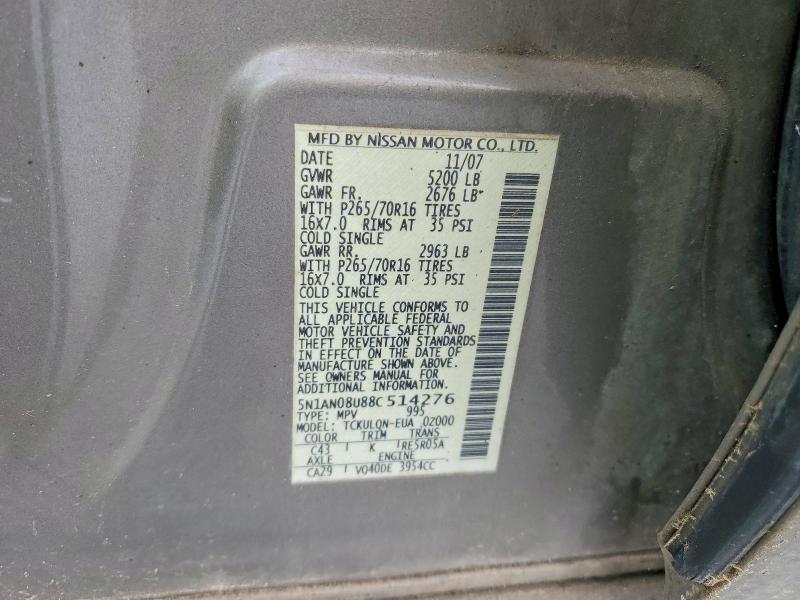 Продажа на аукционе авто 2008 Nissan Xterra, vin: 5N1AN08U88C514276, номер лота: 52547356