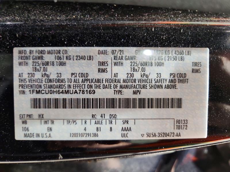 Продаж на аукціоні авто 2021 Ford Escape, vin: 1FMCU0H64MUA78169, номер лоту: 54649946