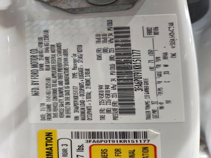 2019 Ford Fusion მანქანა იყიდება აუქციონზე, vin: 3FA6P0T91KR151177, აუქციონის ნომერი: 51139756