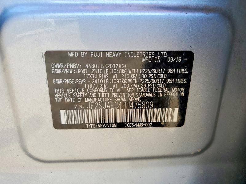 2017 Subaru Forester მანქანა იყიდება აუქციონზე, vin: JF2SJAEC4HH475809, აუქციონის ნომერი: 52169696