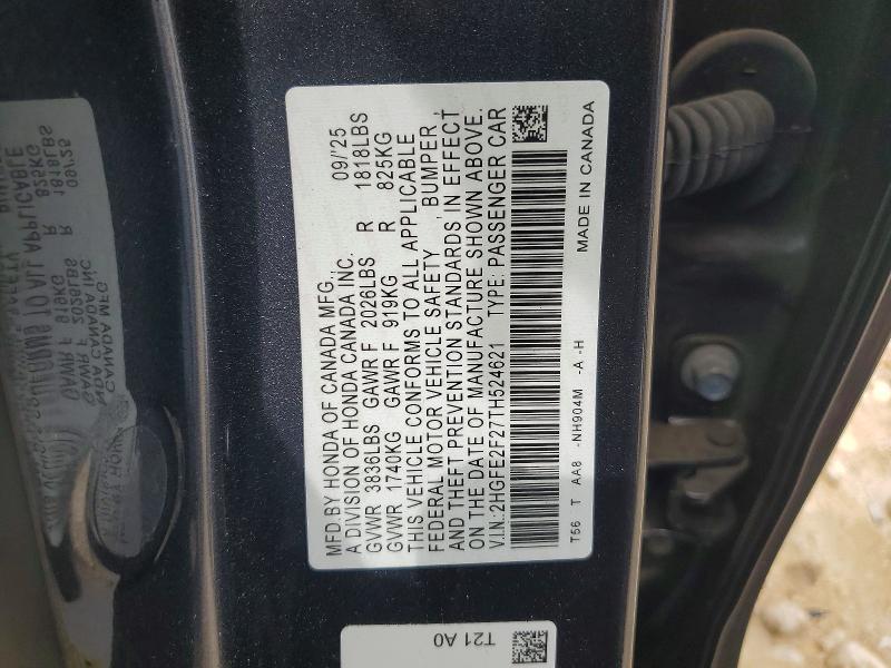 Aukcja sprzedaży 2026 Honda Civic, vin: 2HGFE2F27TH524621, numer aukcji: 54807286