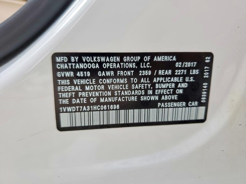 Продажа на аукционе авто 2017 Volkswagen Passat, vin: 1VWDT7A31HC061696, номер лота: 54803726