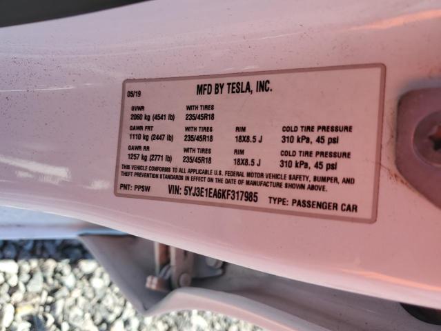 2019 Tesla Model 3 მანქანა იყიდება აუქციონზე, vin: 5YJ3E1EA6KF317985, აუქციონის ნომერი: 53458116