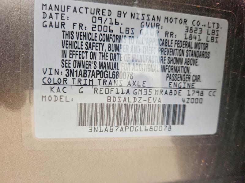 2016 Nissan Sentra მანქანა იყიდება აუქციონზე, vin: 3N1AB7AP0GL680078, აუქციონის ნომერი: 52166456