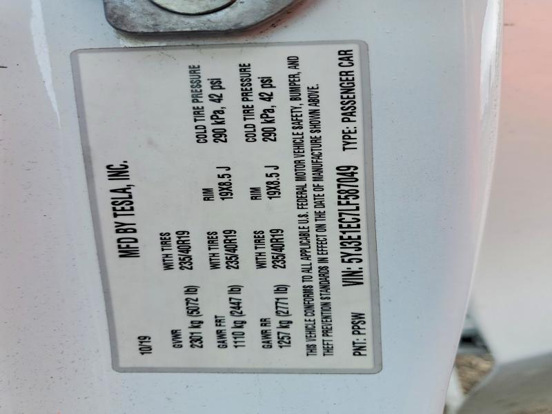 53630596 :رقم المزاد ، 5YJ3E1EC7LF587049 vin ، 2020 Tesla Model 3 مزاد بيع