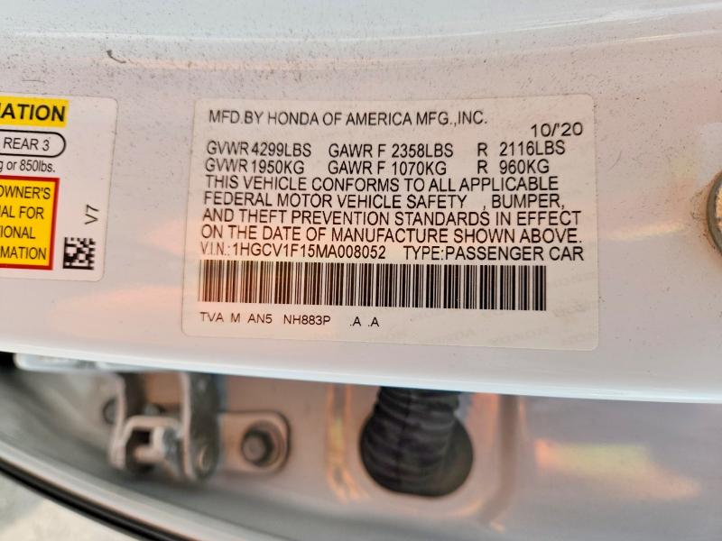 Продаж на аукціоні авто 2021 Hond Accord, vin: 1HGCV1F15MA008052, номер лоту: 51886356