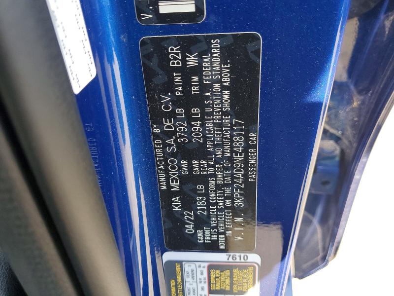 52349946 :رقم المزاد ، 3KPF24AD9NE488117 vin ، 2022 Kia Forte مزاد بيع