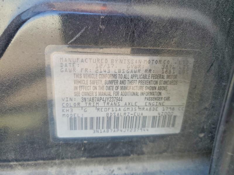 2018 Nissan Sentra მანქანა იყიდება აუქციონზე, vin: 3N1AB7AP4JY237944, აუქციონის ნომერი: 55310286