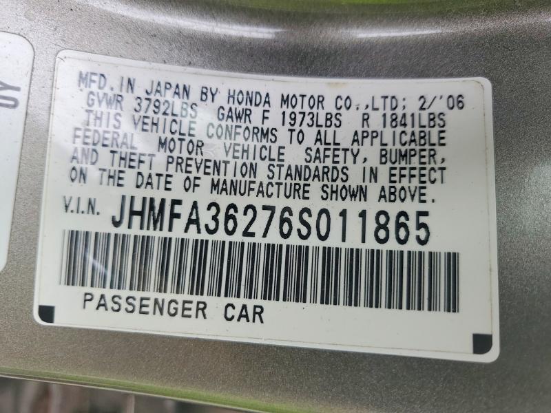 2006 Honda Civic მანქანა იყიდება აუქციონზე, vin: JHMFA36276S011865, აუქციონის ნომერი: 53727216