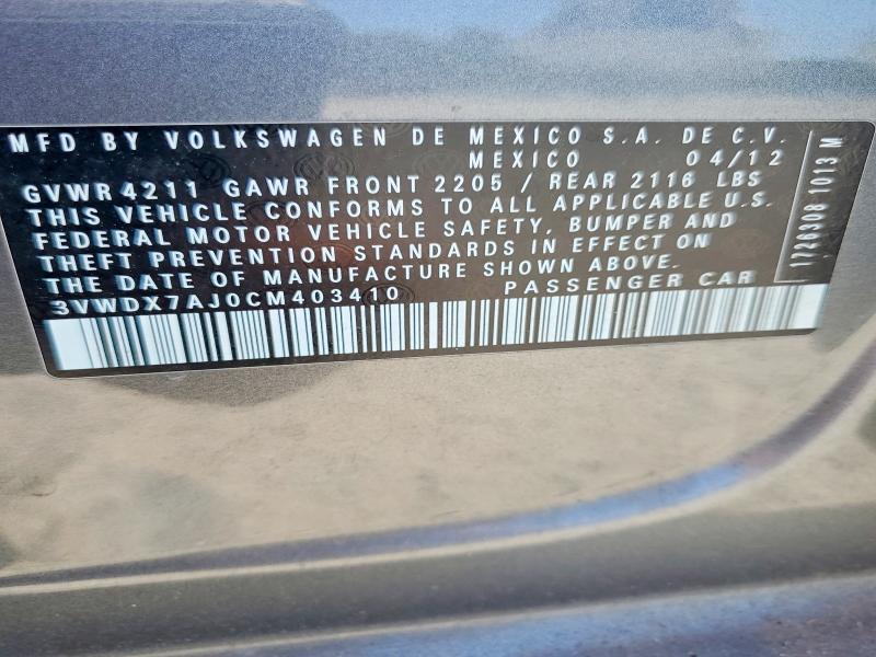 2012 Volkswagen Jetta მანქანა იყიდება აუქციონზე, vin: 3VWDX7AJ0CM403410, აუქციონის ნომერი: 54263816