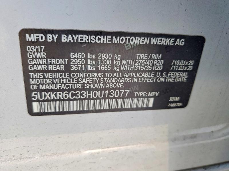 52069396 :رقم المزاد ، 5UXKR6C33H0U13077 vin ، 2017 Bmw X5 مزاد بيع