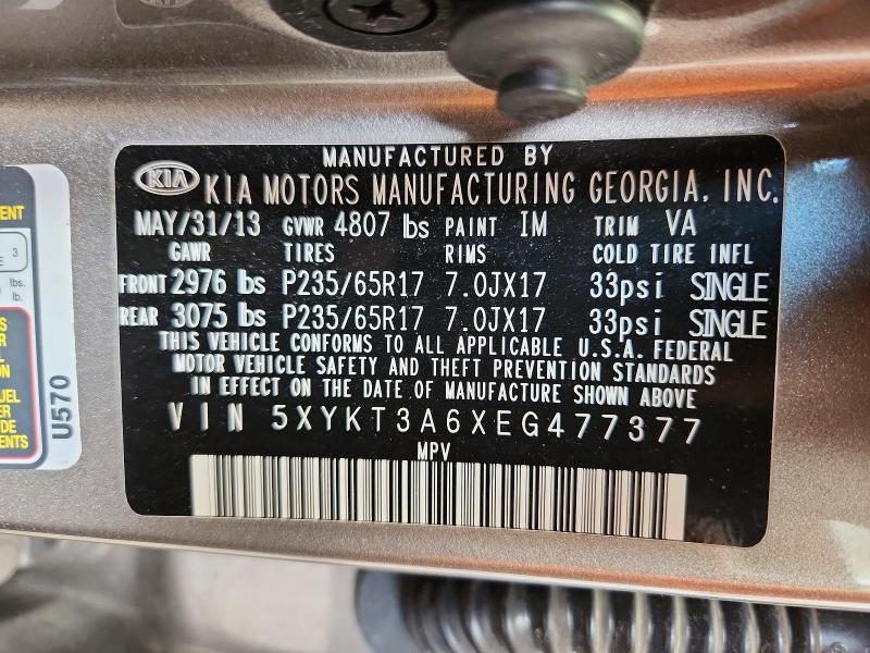 2014 Kia Sorento მანქანა იყიდება აუქციონზე, vin: 5XYKT3A6XEG477377, აუქციონის ნომერი: 51665156