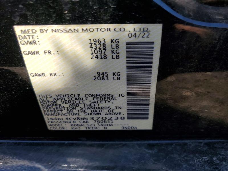 2022 Nissan Altima მანქანა იყიდება აუქციონზე, vin: 1N4BL4CV8NN370238, აუქციონის ნომერი: 54197166