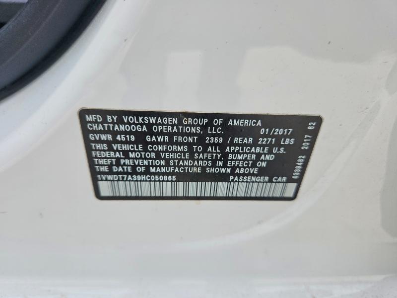 Aukcja sprzedaży 2017 Volkswagen Passat, vin: 1VWDT7A39HC050865, numer aukcji: 53045286