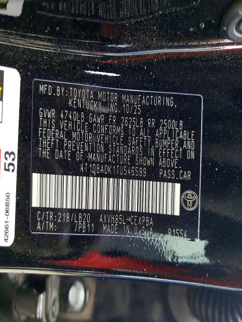 2026 Toyota Camry მანქანა იყიდება აუქციონზე, vin: 4T1DBADK1TU546599, აუქციონის ნომერი: 52675786