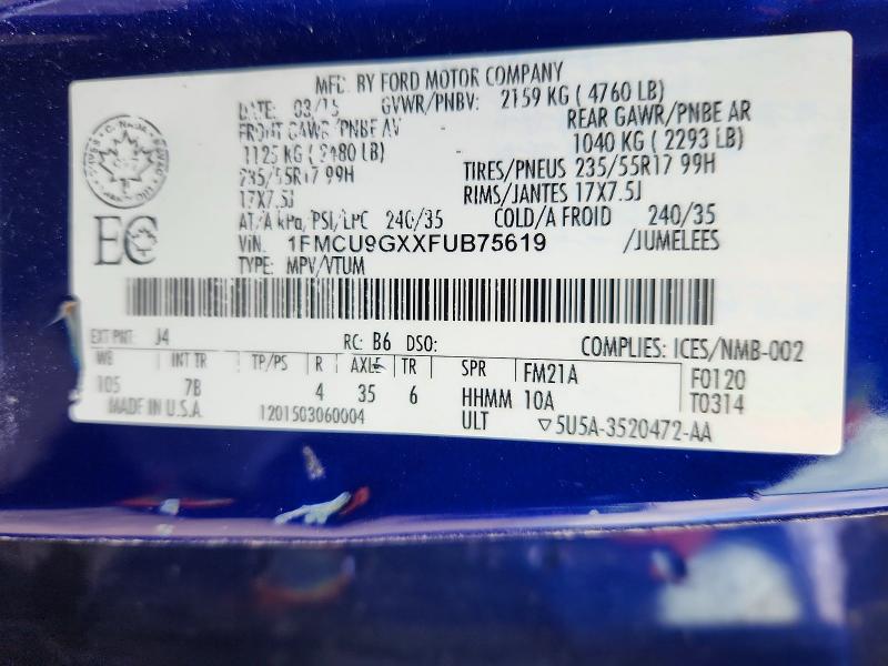 Продаж на аукціоні авто 2015 Ford Escape, vin: 1FMCU9GXXFUB75619, номер лоту: 52029686