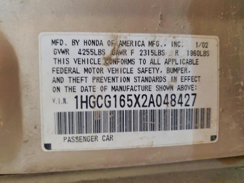 Продаж на аукціоні авто 2002 Honda Accord, vin: 1HGCG165X2A048427, номер лоту: 53529956