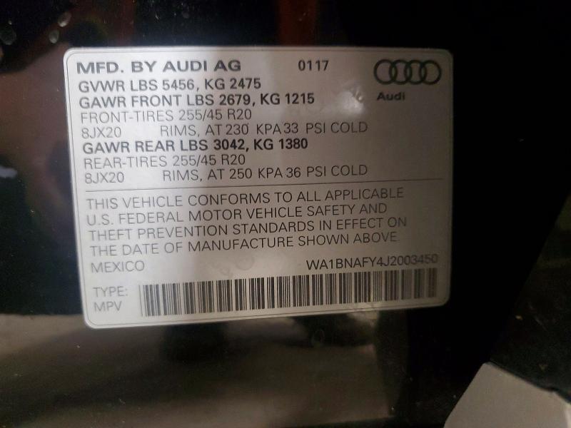 2018 Audi Q5 მანქანა იყიდება აუქციონზე, vin: WA1BNAFY4J2003450, აუქციონის ნომერი: 54475386