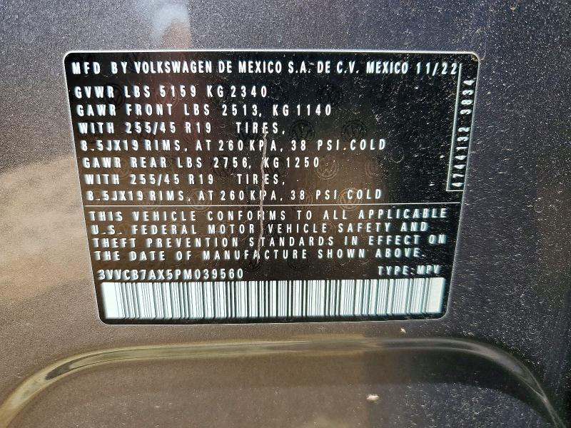 2023 Volkswagen Tiguan მანქანა იყიდება აუქციონზე, vin: 3VVCB7AX5PM039560, აუქციონის ნომერი: 52677376