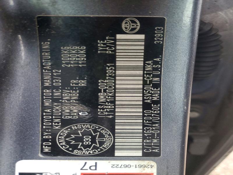 Продажа на аукционе авто 2012 Toyota Camry, vin: 4T1BF1FK0CU073951, номер лота: 53438256