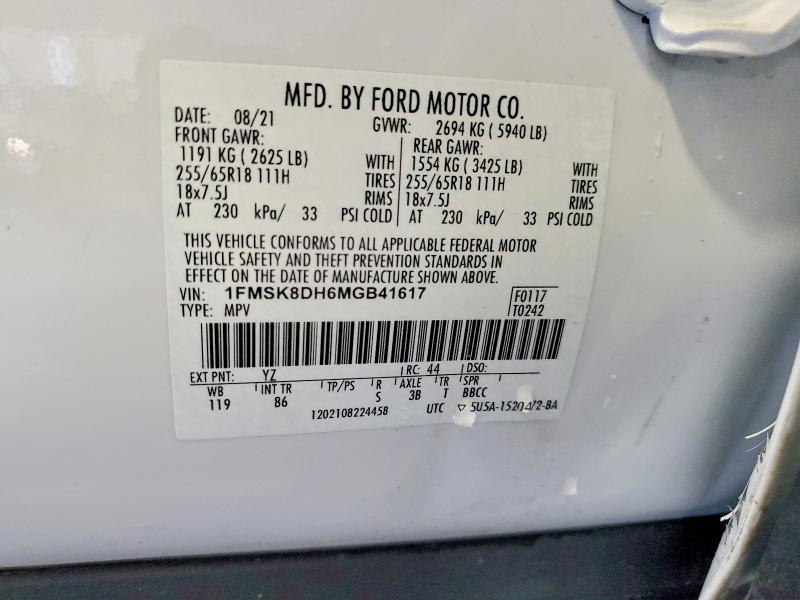 52581916 :رقم المزاد ، 1FMSK8DH6MGB41617 vin ، 2021 Ford Explorer مزاد بيع