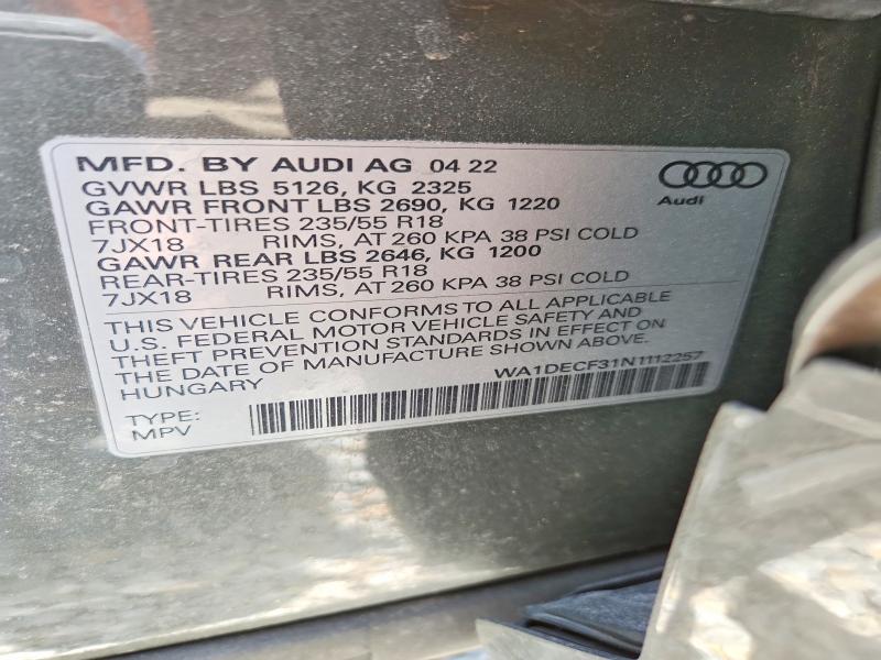 Продаж на аукціоні авто 2022 Audi Q3, vin: WA1DECF31N1112257, номер лоту: 54666566