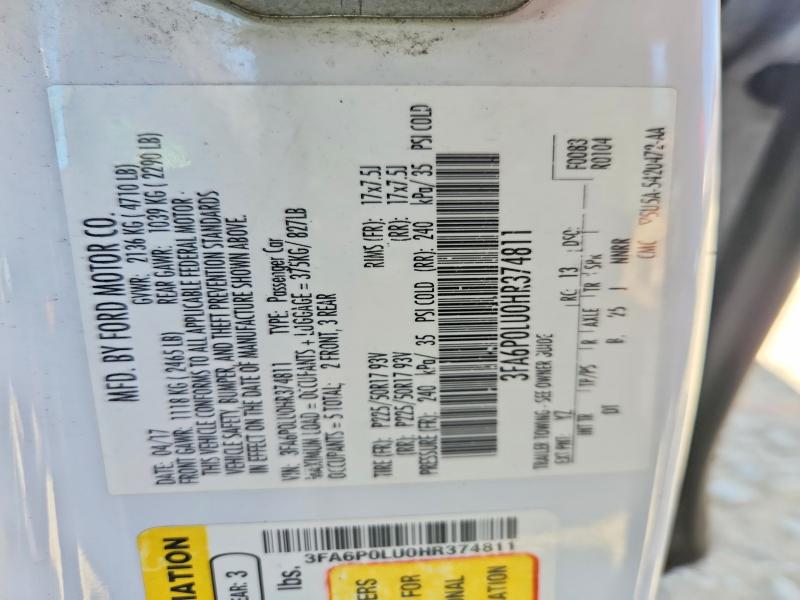 Aukcja sprzedaży 2017 Ford Fusion, vin: 3FA6P0LU0HR374811, numer aukcji: 53053596