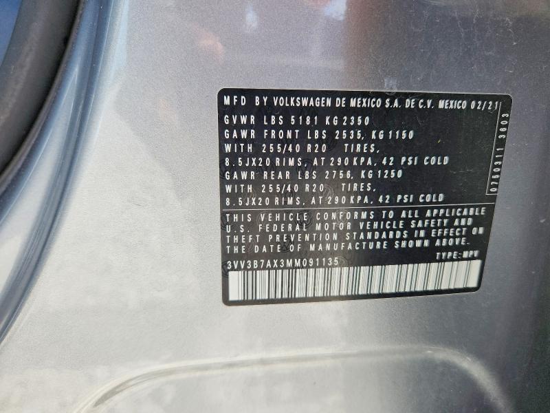 Продажа на аукционе авто 2021 Volkswagen Tiguan, vin: 3VV3B7AX3MM091135, номер лота: 55247206