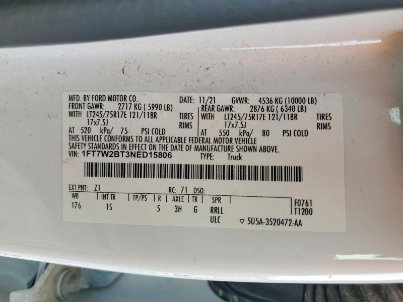 2022 Ford F250 მანქანა იყიდება აუქციონზე, vin: 1FT7W2BT3NED15806, აუქციონის ნომერი: 52328286