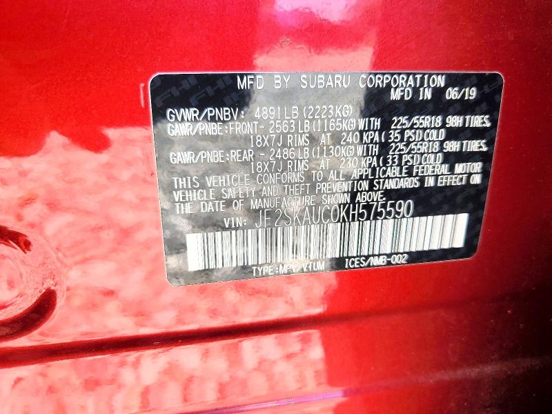54169206 :رقم المزاد ، JF2SKAUC0KH575590 vin ، 2019 Subaru Forester مزاد بيع