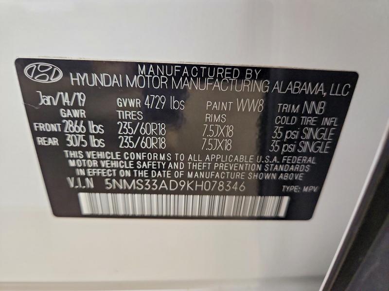 52941596 :رقم المزاد ، 5NMS33AD9KH078346 vin ، 2019 Hyundai Santa Fe مزاد بيع