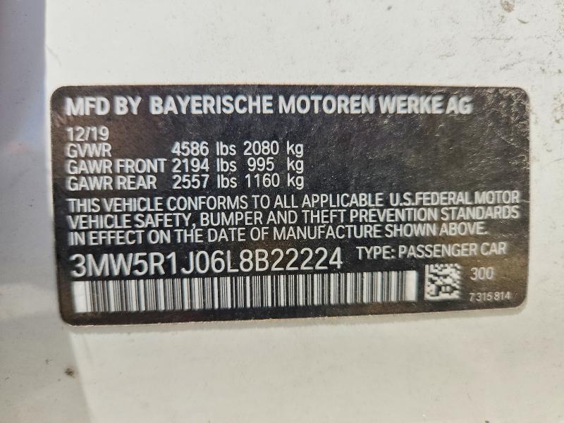 2020 Bmw 330i მანქანა იყიდება აუქციონზე, vin: 3MW5R1J06L8B22224, აუქციონის ნომერი: 54902056