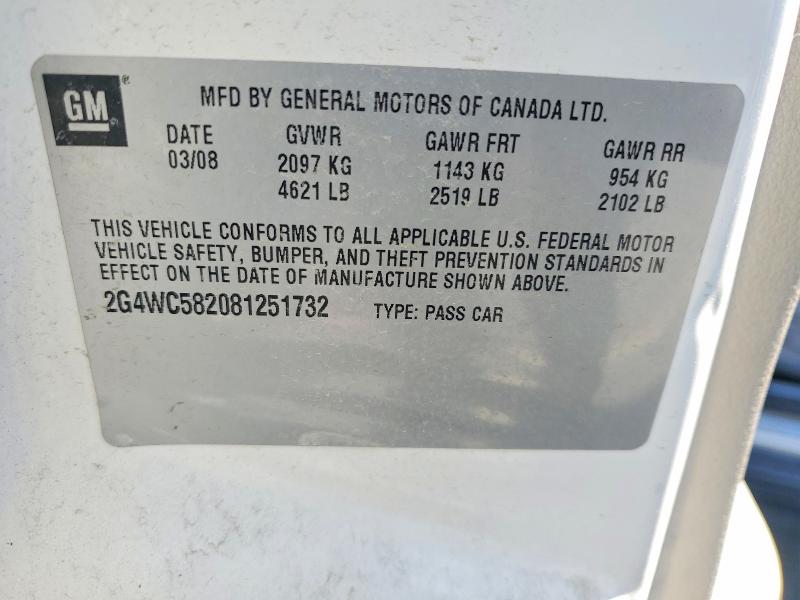 54002126 :رقم المزاد ، 2G4WC582081251732 vin ، 2008 Buick Lacrosse مزاد بيع