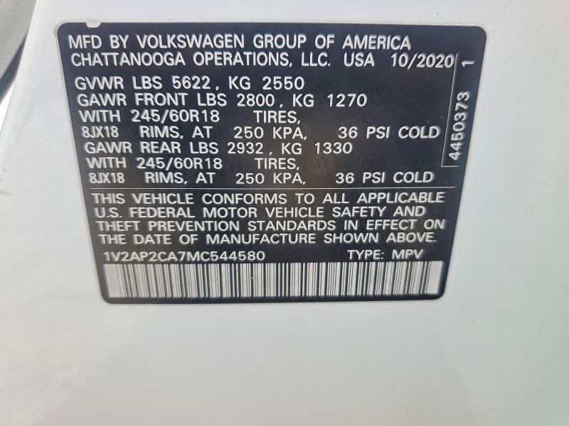 53936676 :رقم المزاد ، 1V2AP2CA7MC544580 vin ، 2021 Volkswagen Atlas مزاد بيع