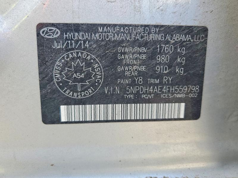 2015 Hyundai Elantra მანქანა იყიდება აუქციონზე, vin: 5NPDH4AE4FH559798, აუქციონის ნომერი: 51543166