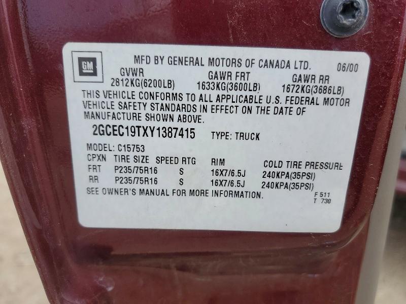 2000 Chevrolet Silverado მანქანა იყიდება აუქციონზე, vin: 2GCEC19TXY1387415, აუქციონის ნომერი: 54264726