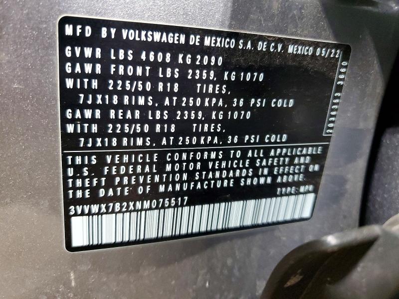2022 Volkswagen Taos მანქანა იყიდება აუქციონზე, vin: 3VVWX7B2XNM075517, აუქციონის ნომერი: 52102946