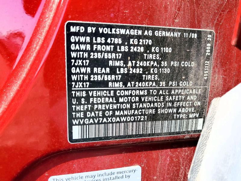 Aukcja sprzedaży 2010 Volkswagen Tiguan, vin: WVGAV7AX0AW001721, numer aukcji: 54893716