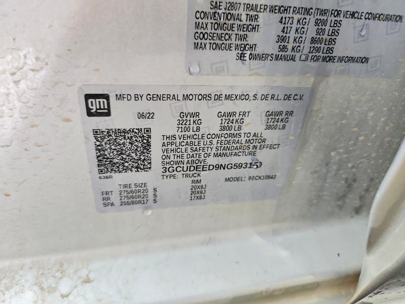 2022 Chevrolet Silverado მანქანა იყიდება აუქციონზე, vin: 3GCUDEED9NG593150, აუქციონის ნომერი: 55101156