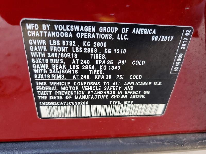 Auction sale of the 2018 Volkswagen Atlas, vin: 1V2DR2CA7JC519200, lot number: 53093786