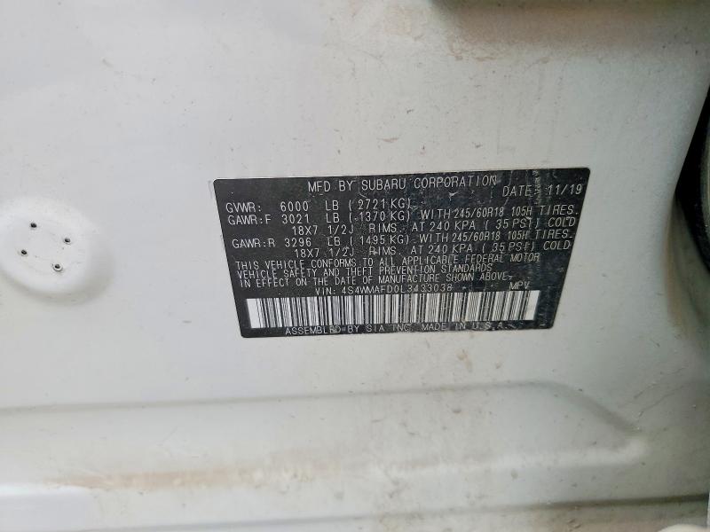 54943716 :رقم المزاد ، 4S4WMAFD0L3433038 vin ، 2020 Subaru Ascent مزاد بيع