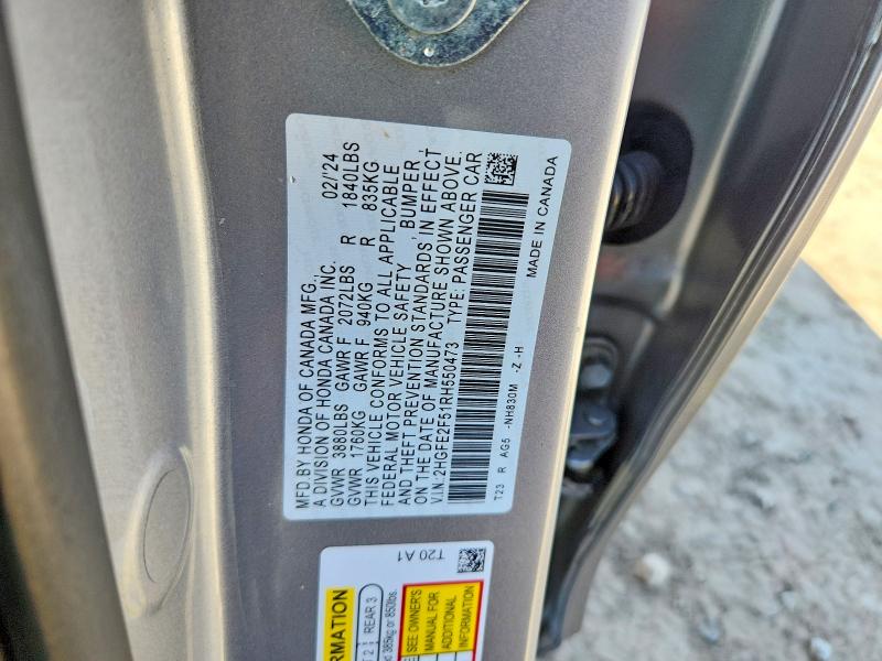 2024 Honda Civic მანქანა იყიდება აუქციონზე, vin: 2HGFE2F51RH550473, აუქციონის ნომერი: 52205646